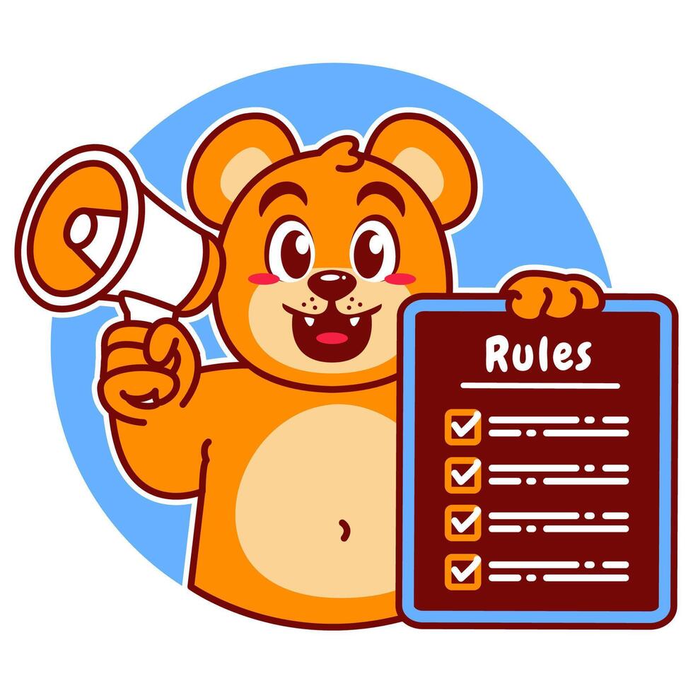 Illustration of Cute Bear Cartoon Character Holding a Checklist or list of rules with a megaphone vector