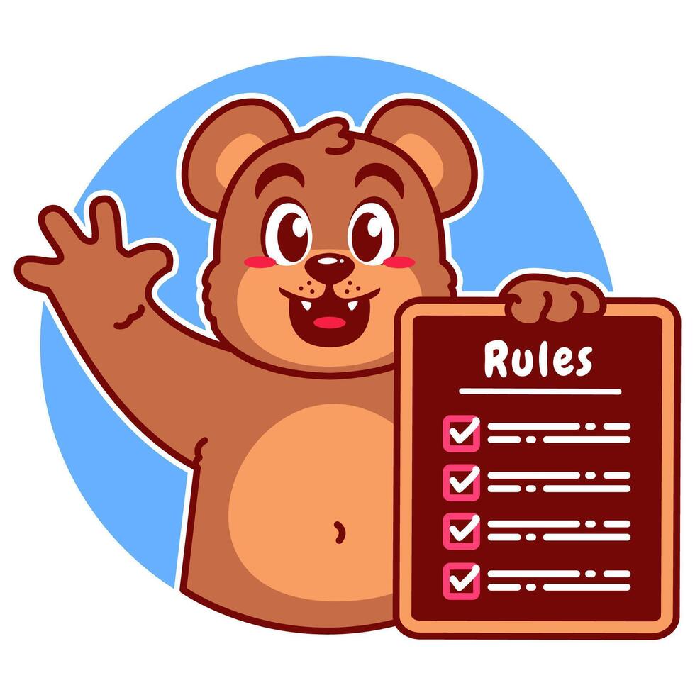 Illustration of Cute Bear Cartoon Character Holding a Checklist or list of rules vector