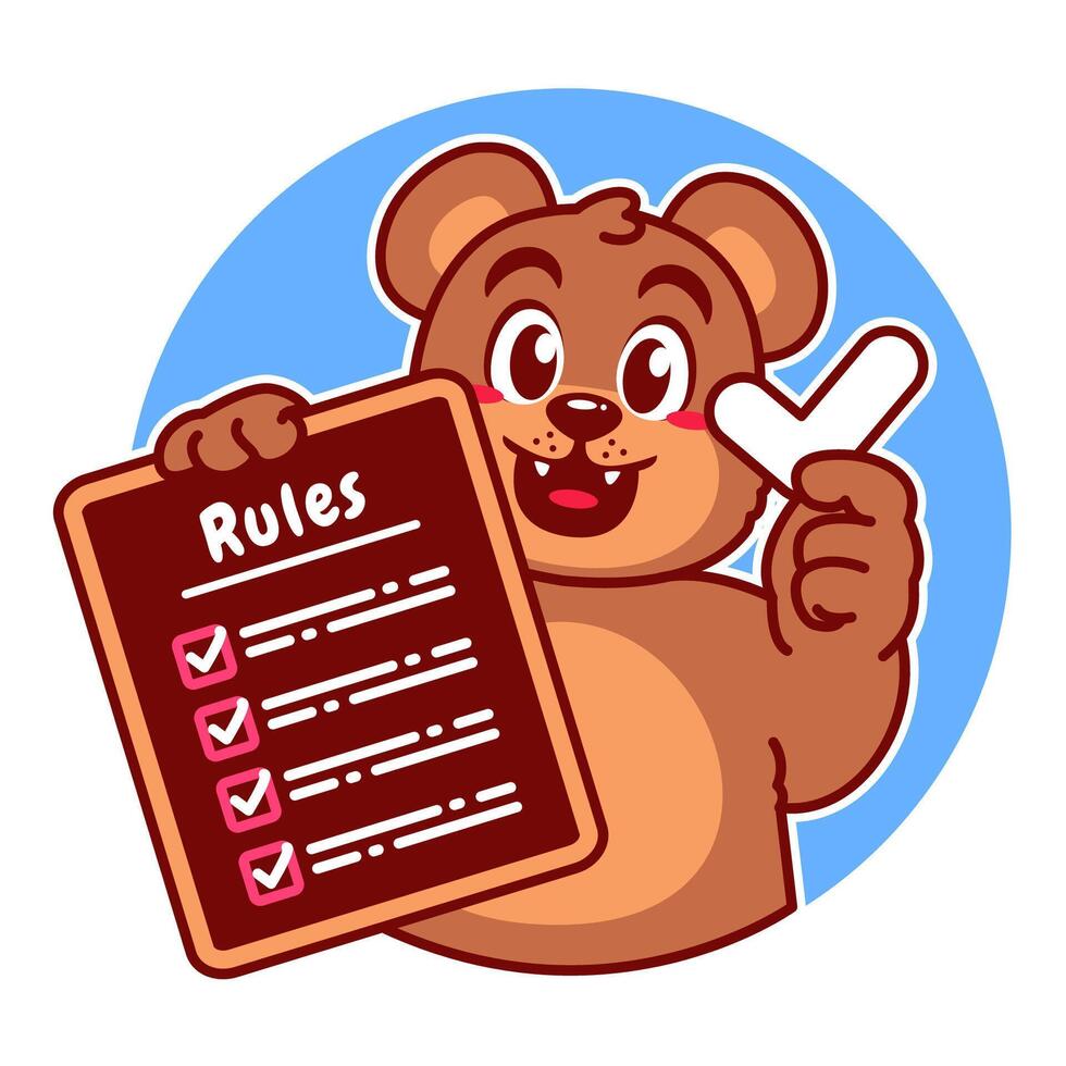 Illustration of Cute Bear Cartoon Character Holding a Checklist or list of rules vector