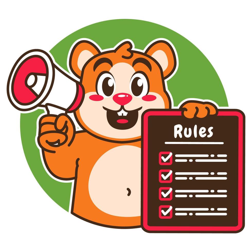 Illustration of Cute Hamster Cartoon Character Holding a Checklist or list of rules and a megaphone vector
