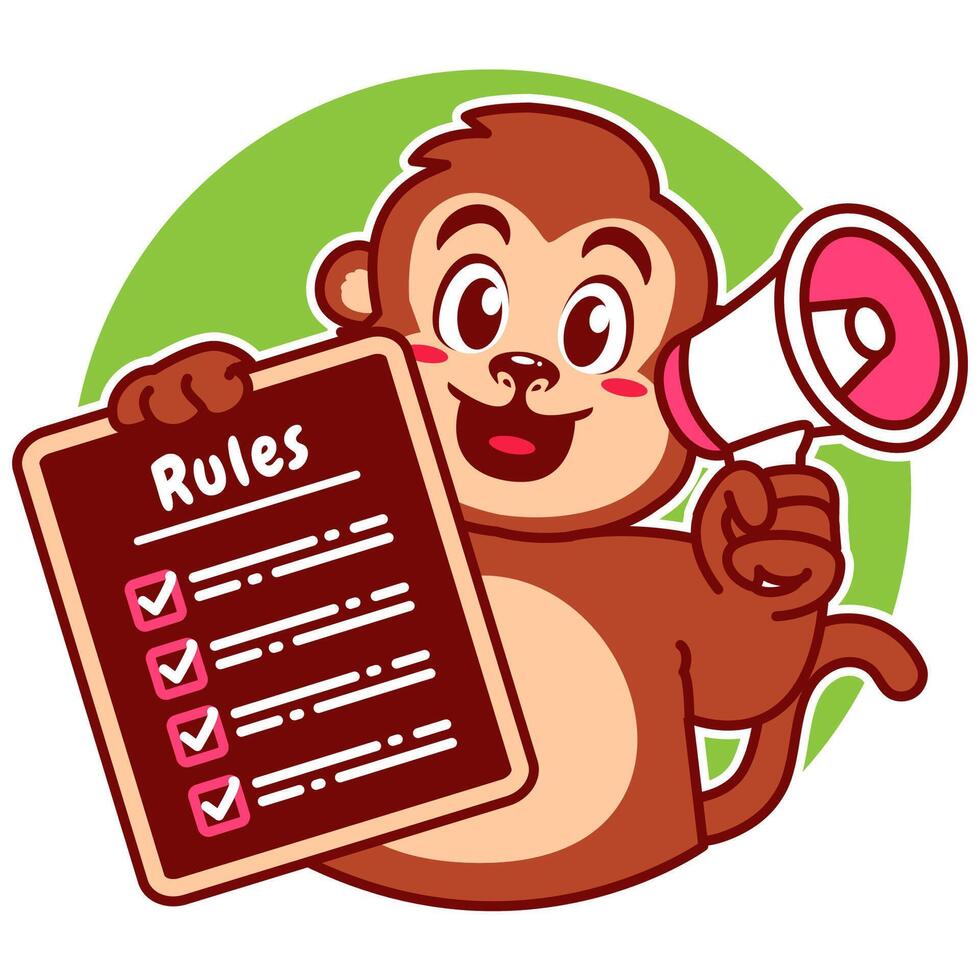 Illustration of Cute Monkey Cartoon Character Holding a Checklist or list of rules and a megaphone vector