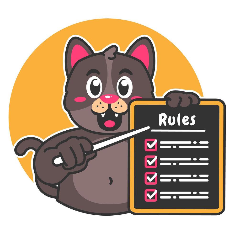 Illustration of Cute Black Cat Cartoon Character Holding a Checklist or list of rules vector