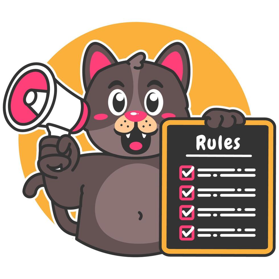Illustration of Cute Black Cat Cartoon Character Holding a Checklist or list of rules and a megaphone vector