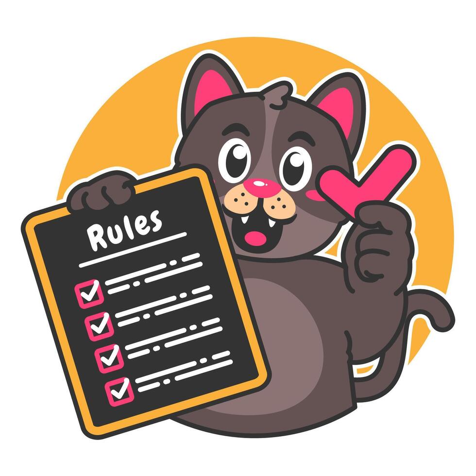 Illustration of Cute Black Cat Cartoon Character Holding a Checklist or list of rules vector