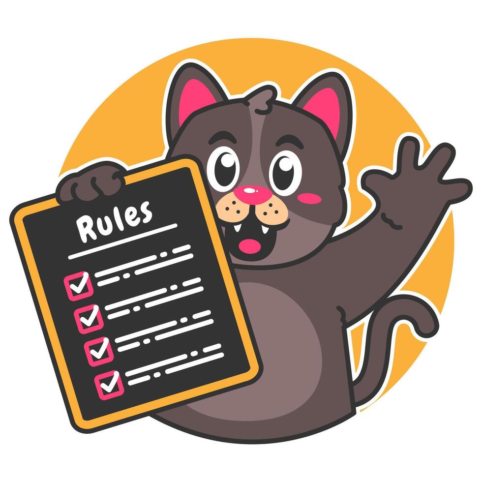 Illustration of Cute Black Cat Cartoon Character Holding a Checklist or list of rules vector