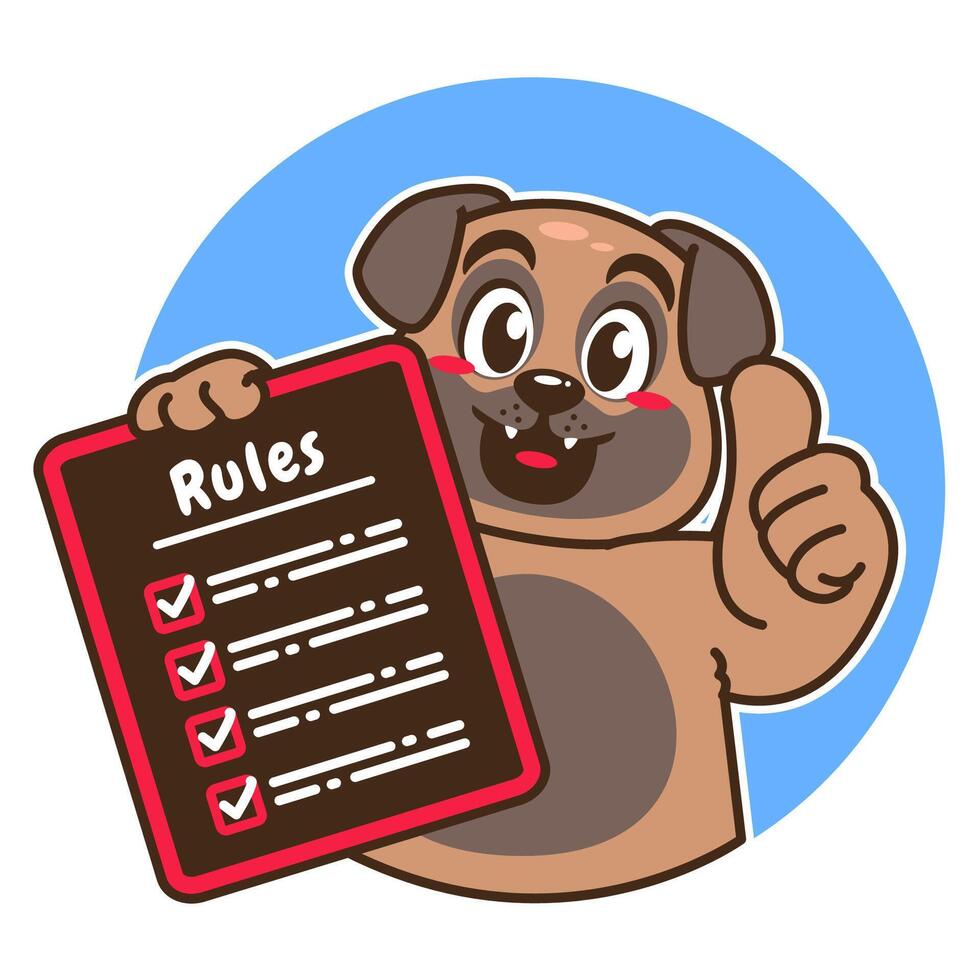 Illustration of Cute Pug Cartoon Character Holding a Checklist or list of rules vector