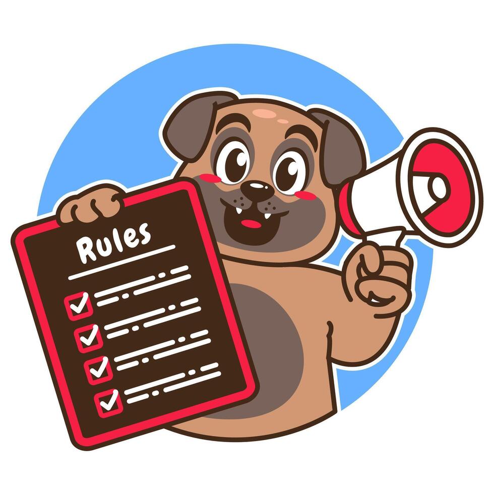 Illustration of Cute Pug Cartoon Character Holding a Checklist or list of rules and a megaphone vector
