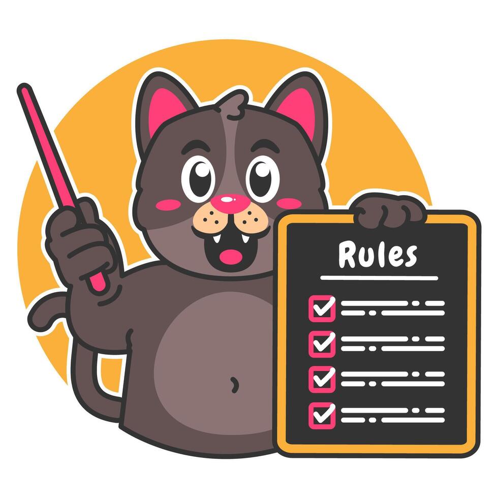 Illustration of Cute Black Cat Cartoon Character Holding a Checklist or list of rules vector