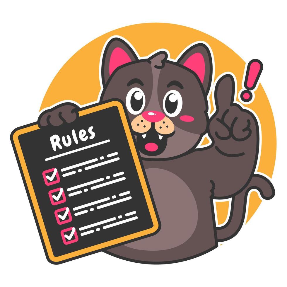Illustration of Cute Black Cat Cartoon Character Holding a Checklist or list of rules vector