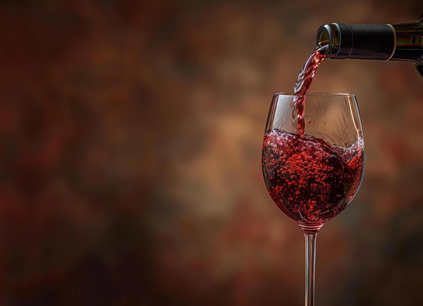 Red Wine Pouring Into Glass Against A Blurred Brown Background photo