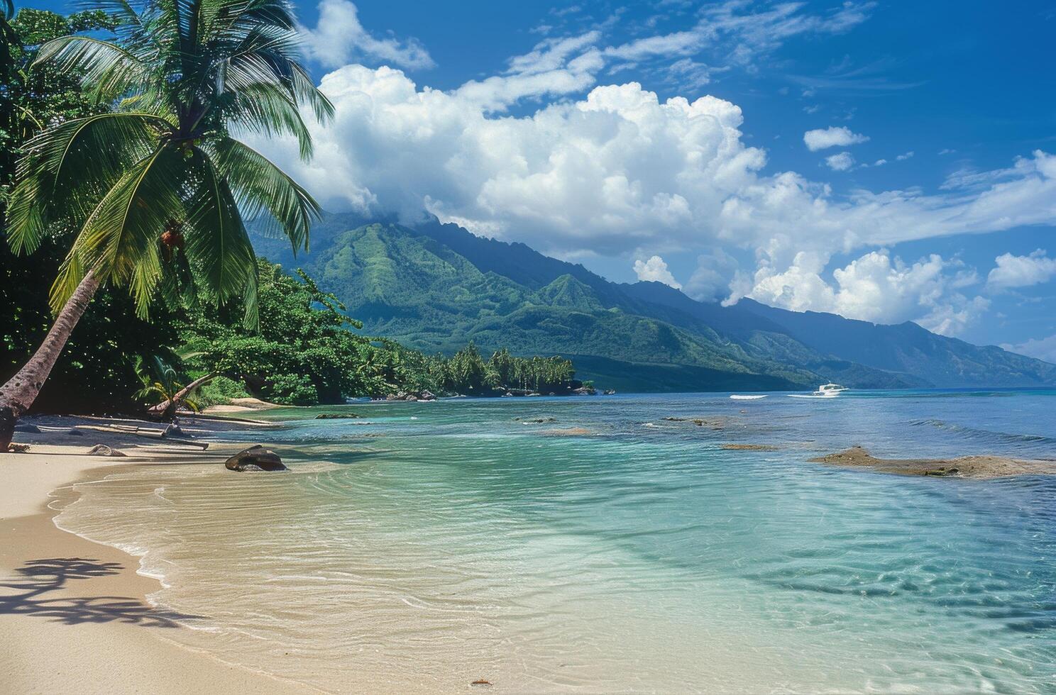 Tranquil Tropical Beach With Palm Tree and Mountain Landscape Under Blue Sky photo