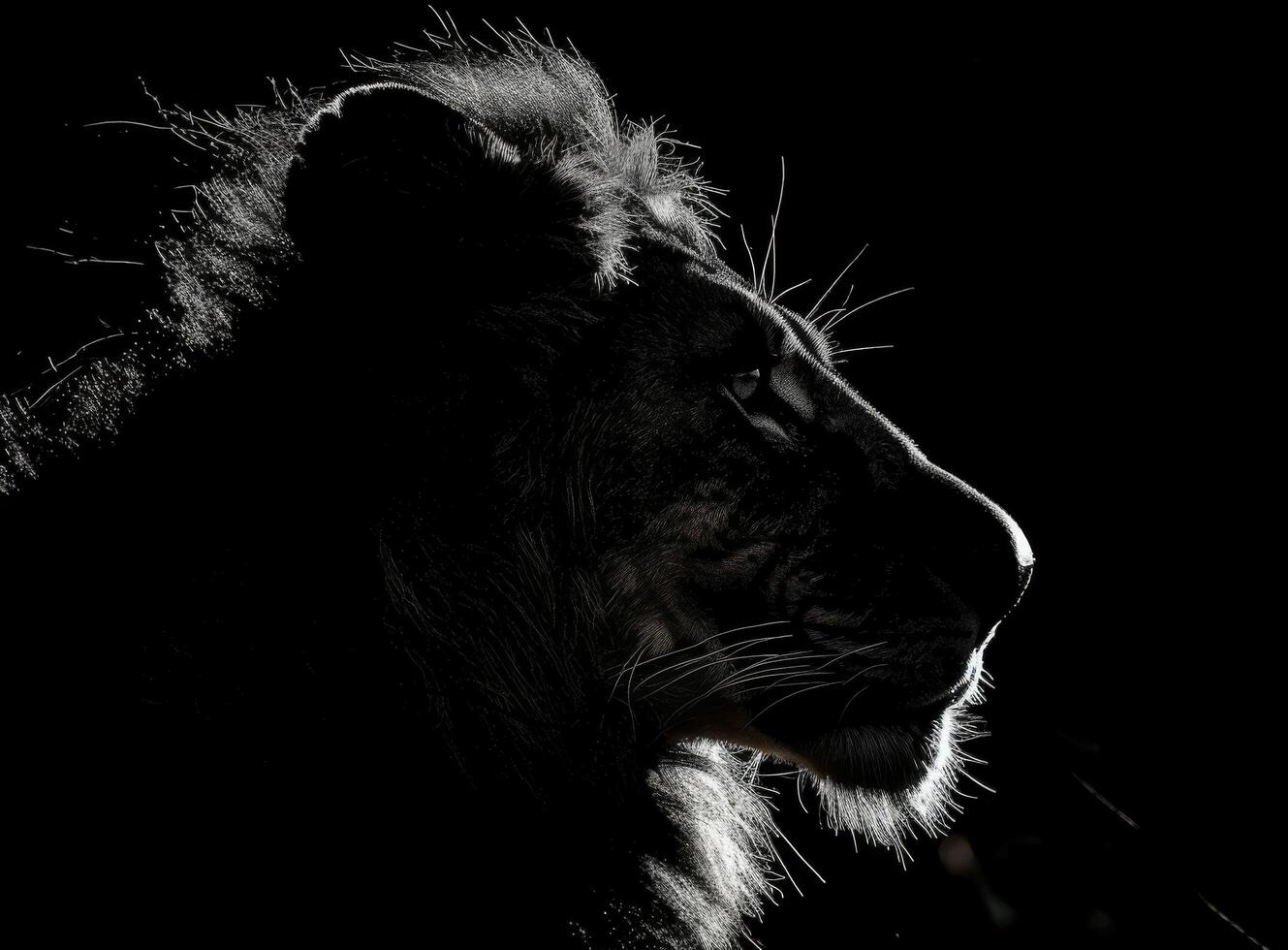Close Up of a Lion Looking Upward Against a Black Background photo
