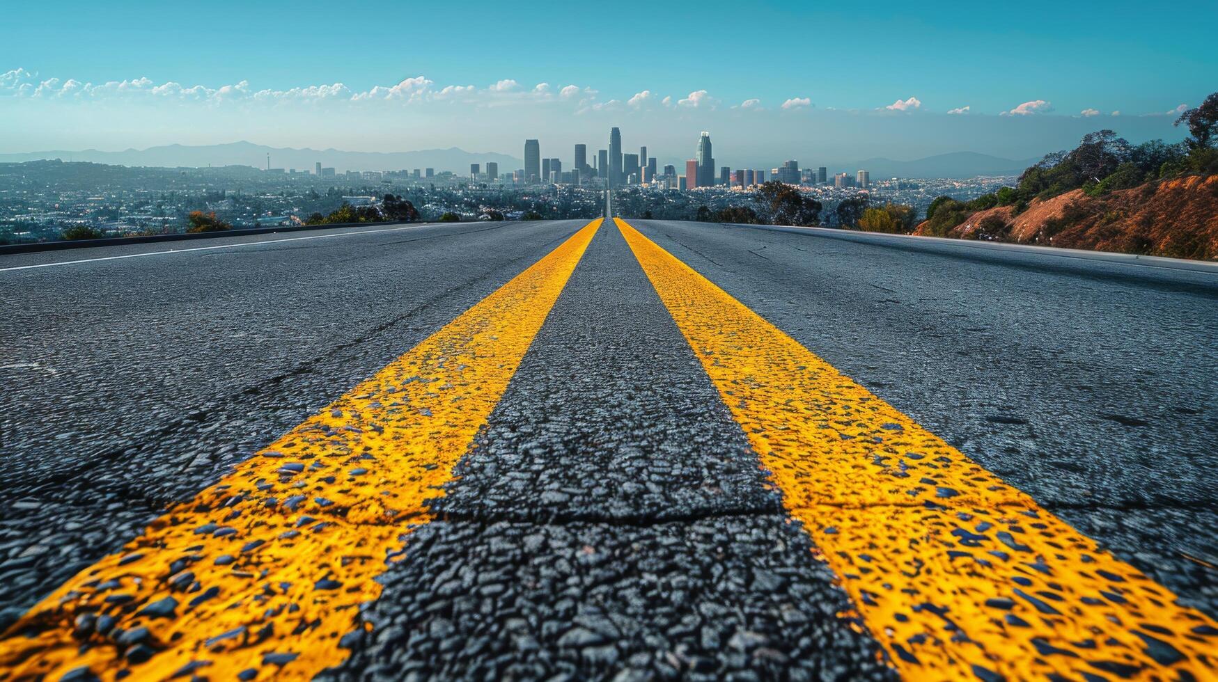 Empty Road Leading to Los Angeles Skyline on a Sunny Day photo