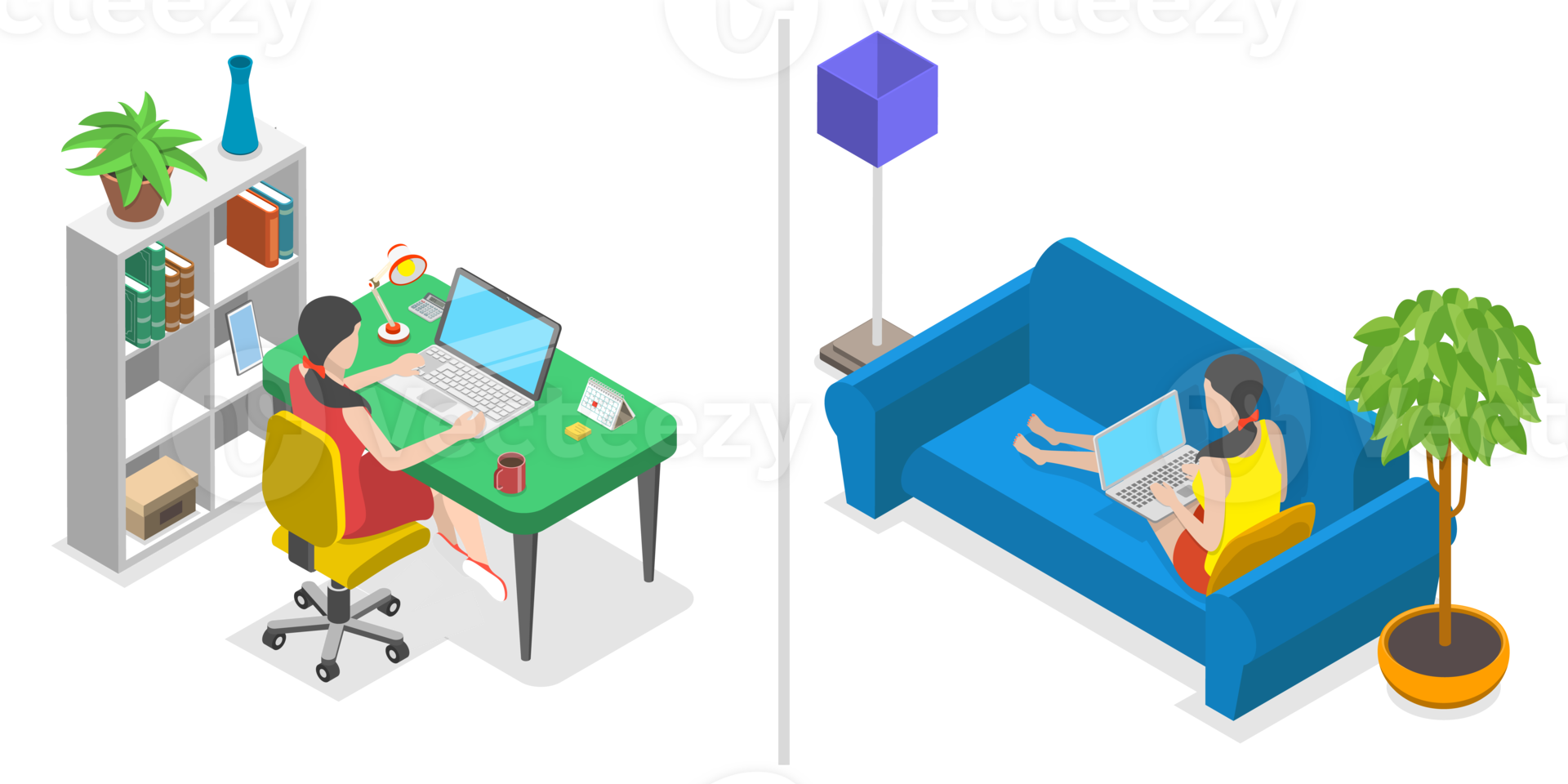 3D Isometric Flat Conceptual Illustration of Working From Home Vs. Office png