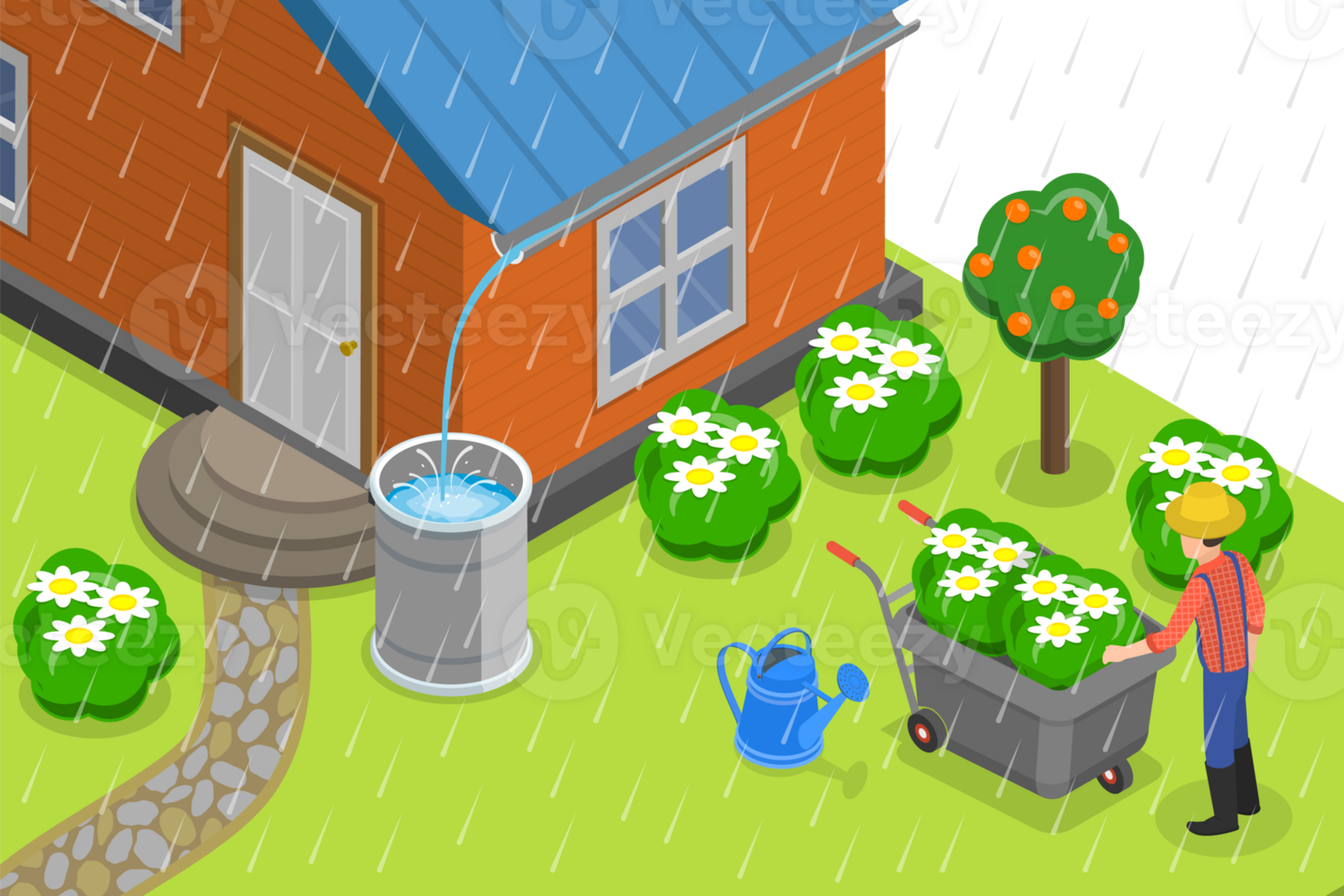 3D Isometric Flat Conceptual Illustration of Rainwater Harvesting png