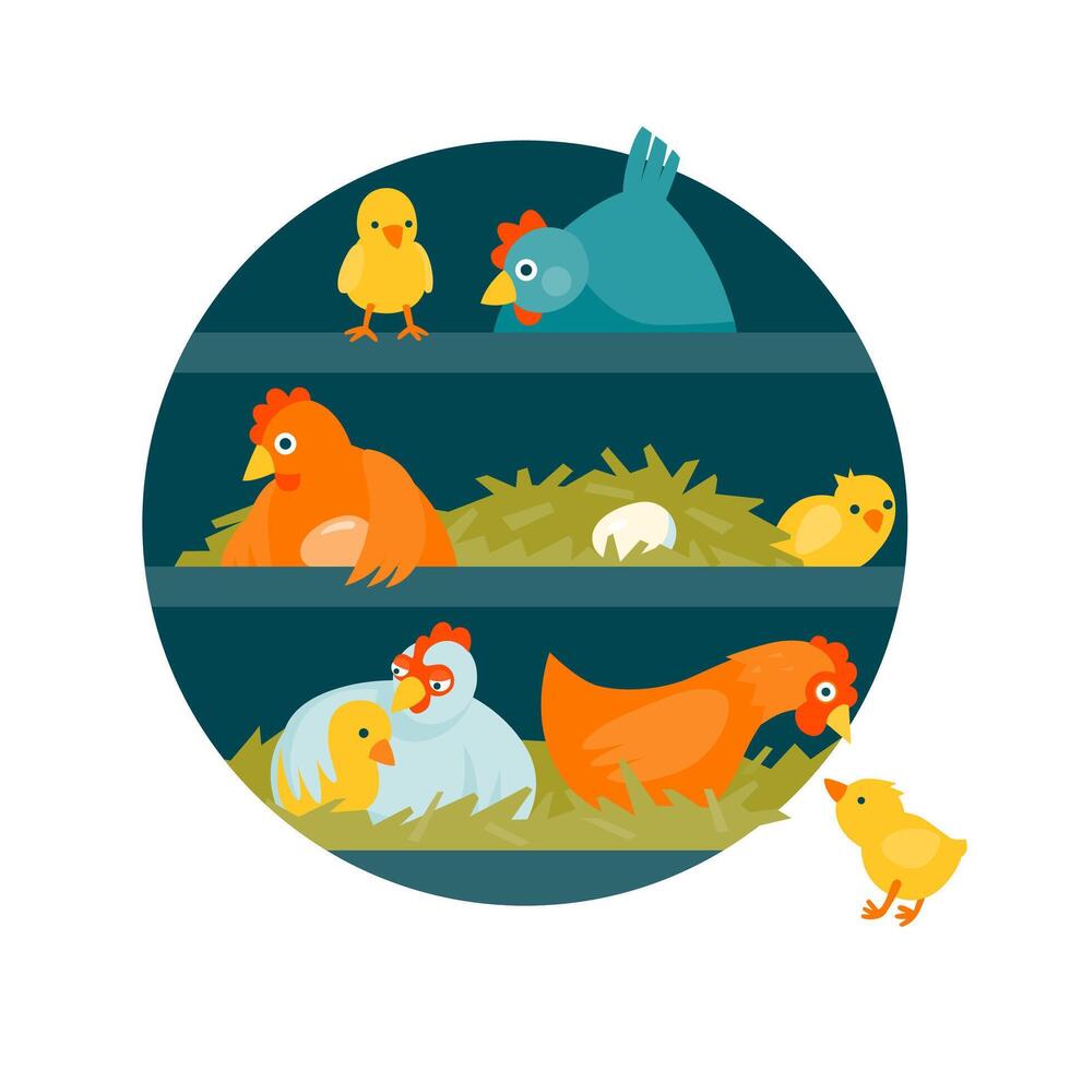 Henhouse with funny birds in circle illustration cartoon style vector