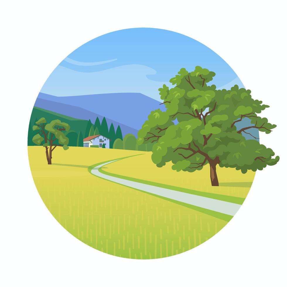 Summer landscape with mountains, road and a small house illustration in circle vector