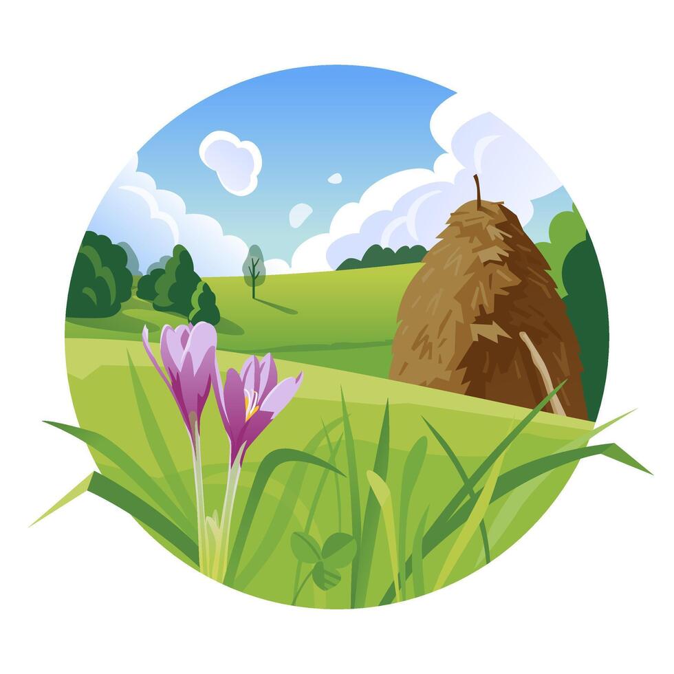 Summer landscape with a haystack on a hill illustration in circle vector