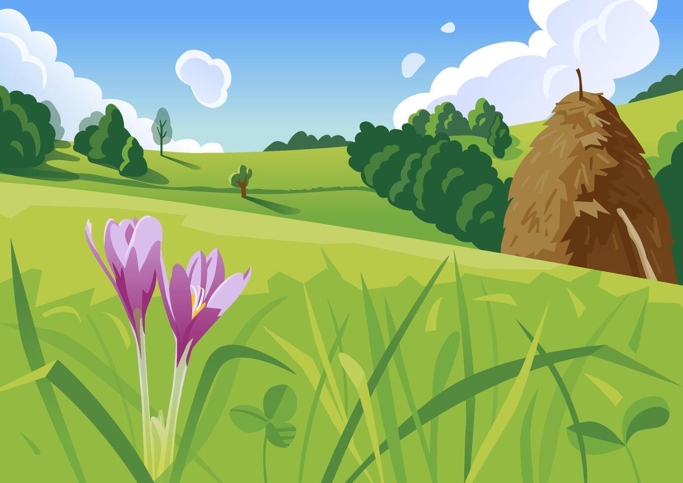 Summer landscape with a haystack on a hill illustration vector