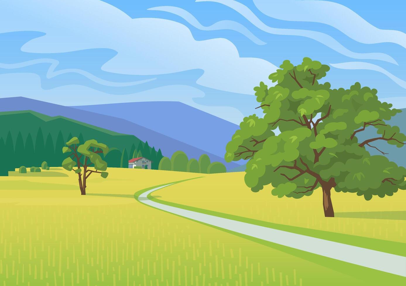 Summer landscape with mountains, road and a small house illustration vector