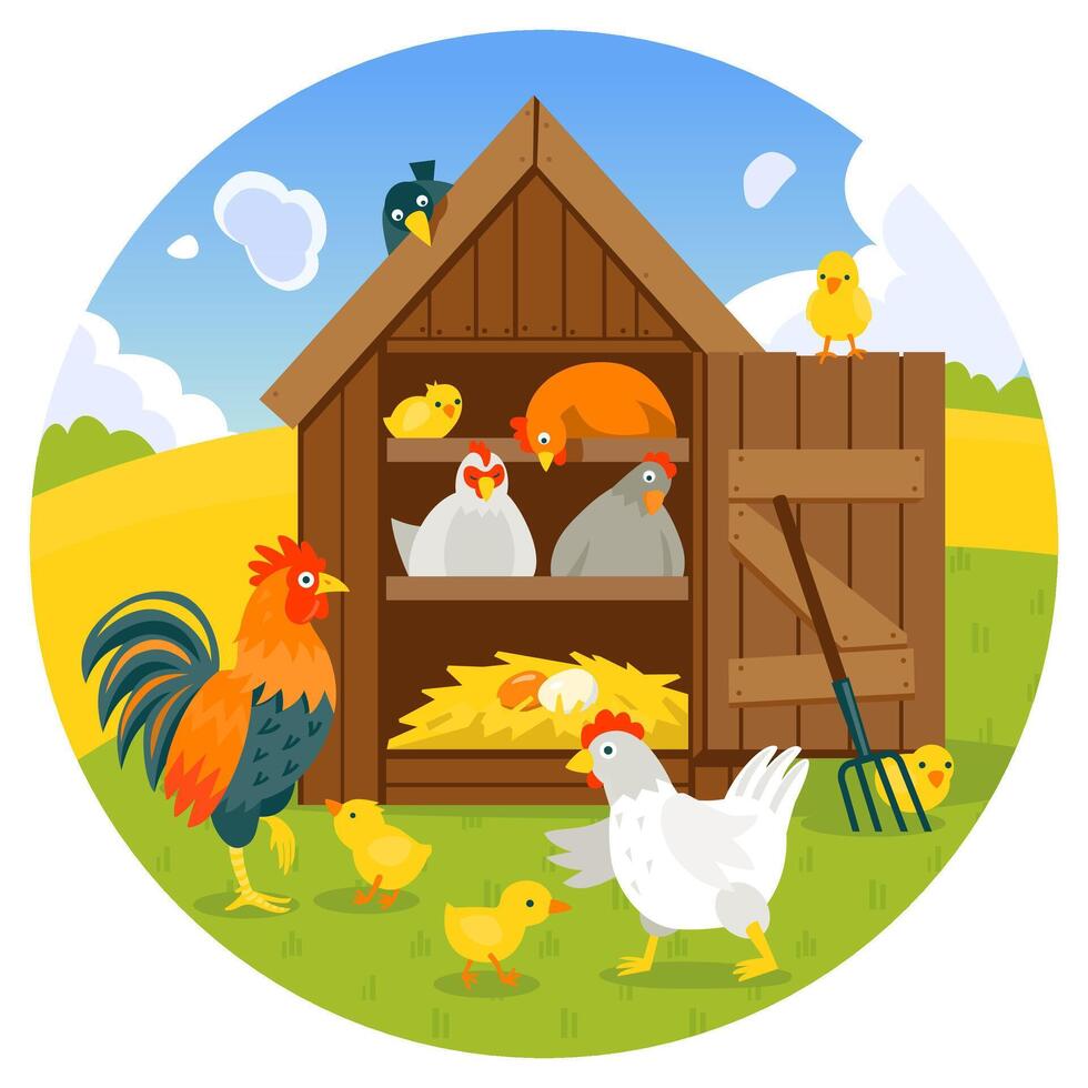 Henhouse with cute chicken, chicks and rooster on a green lawn illustration cartoon style vector
