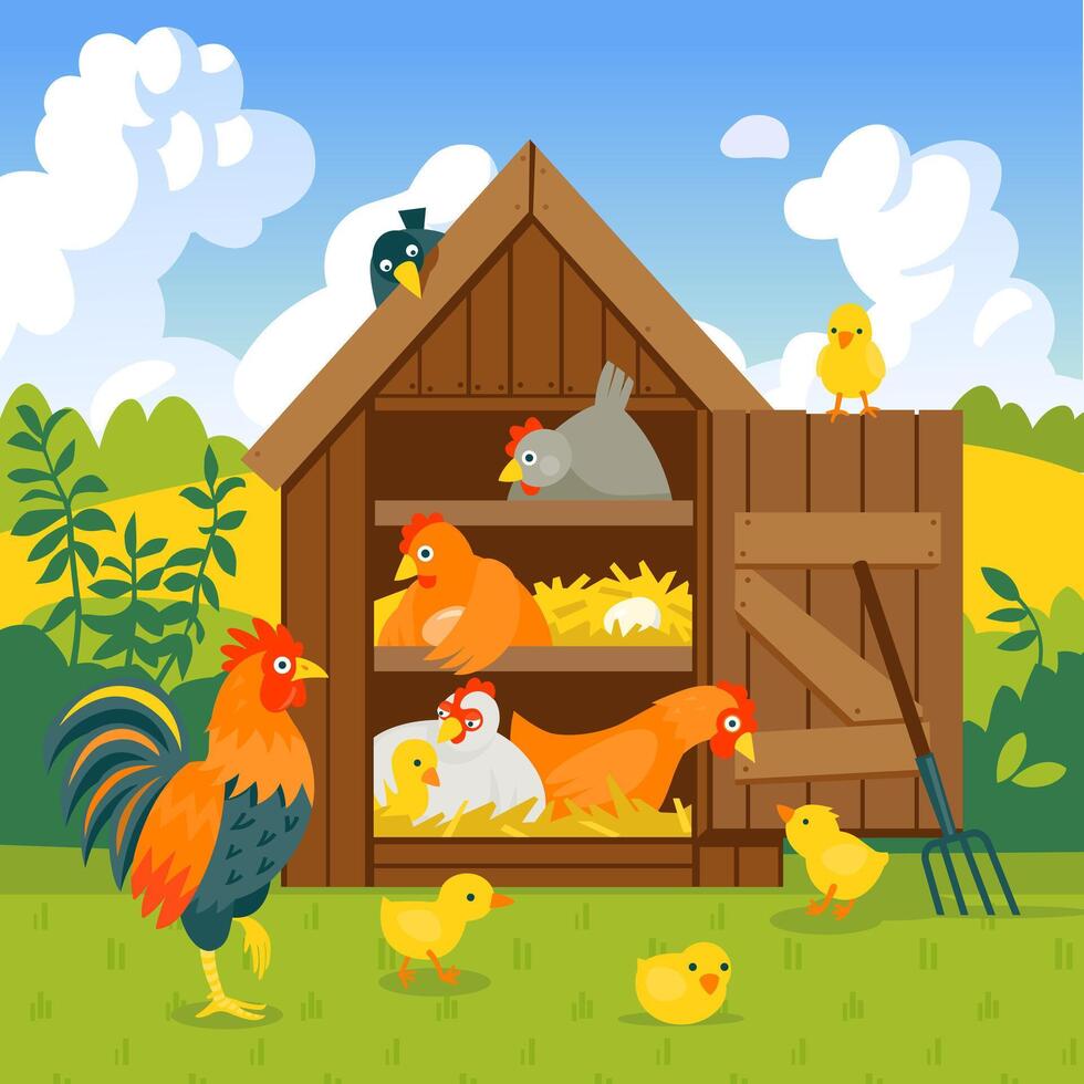 Henhouse with cute chicken, chicks and rooster in summer landscape illustration cartoon style vector