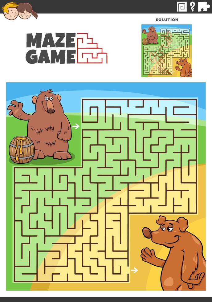 maze game with cartoon bears and barrel of honey vector