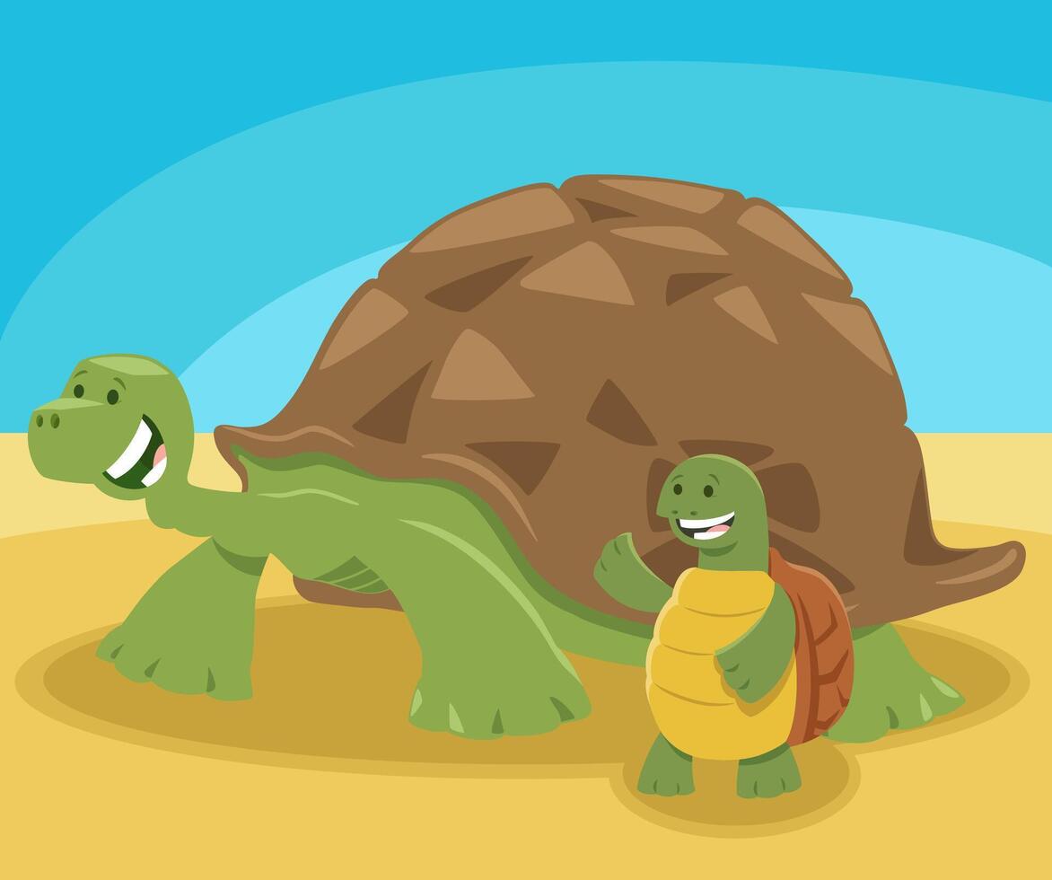 funny cartoon tortoise animal character with baby tortoise vector