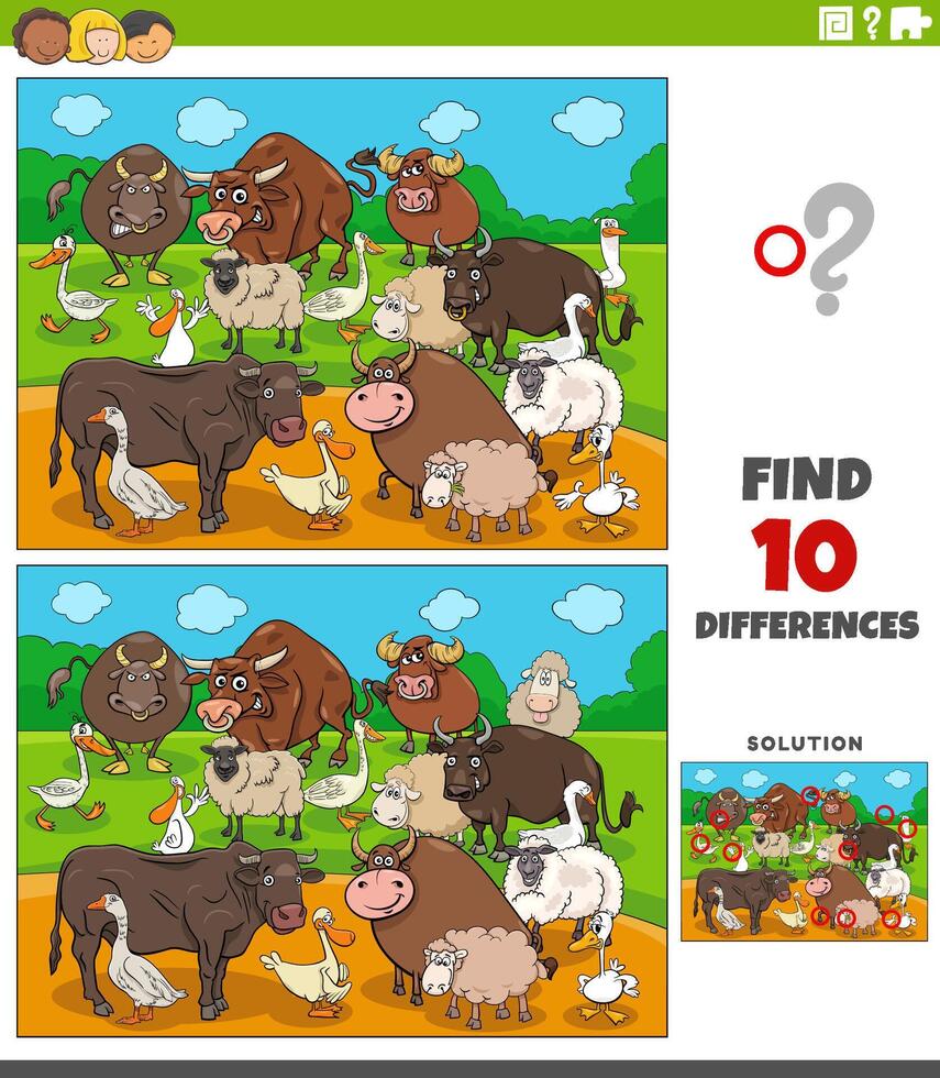 differences activity with cartoon farm animals group vector