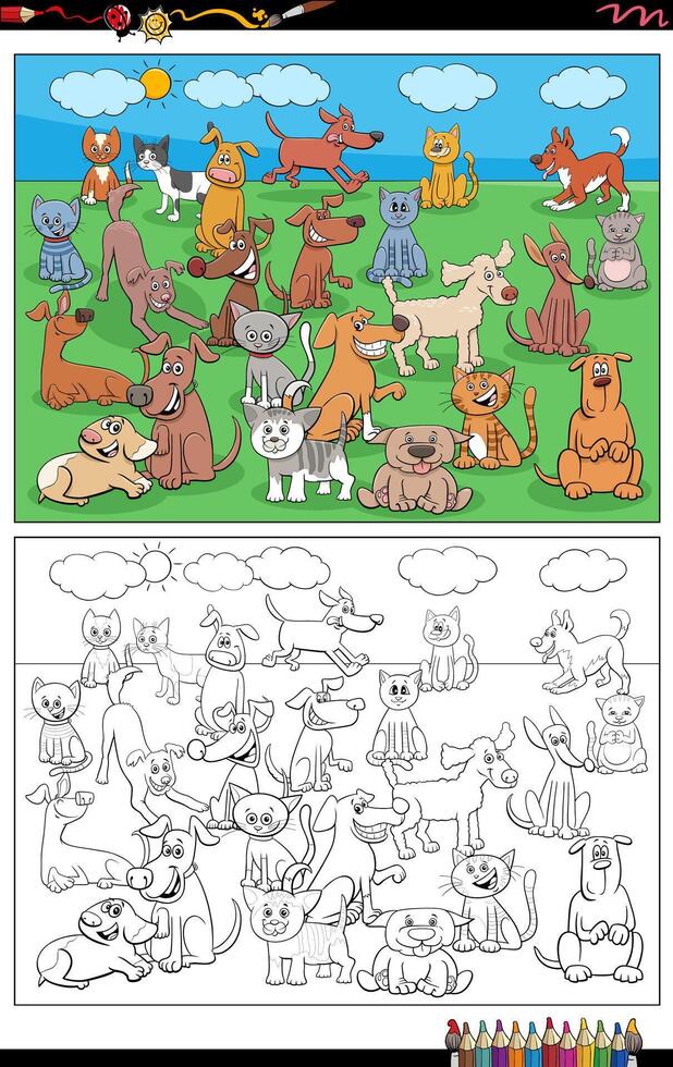 cartoon dogs and cats animal characters coloring page vector