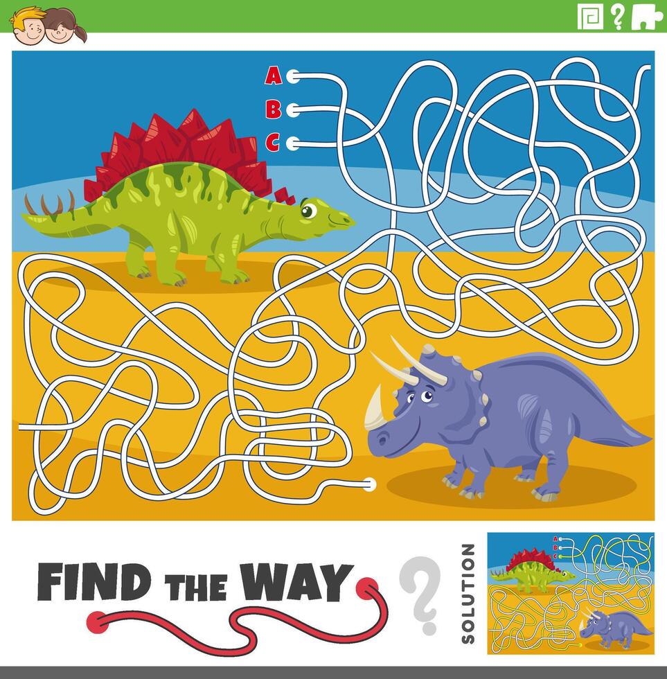 maze activity game with cartoon dinosaurs characters vector