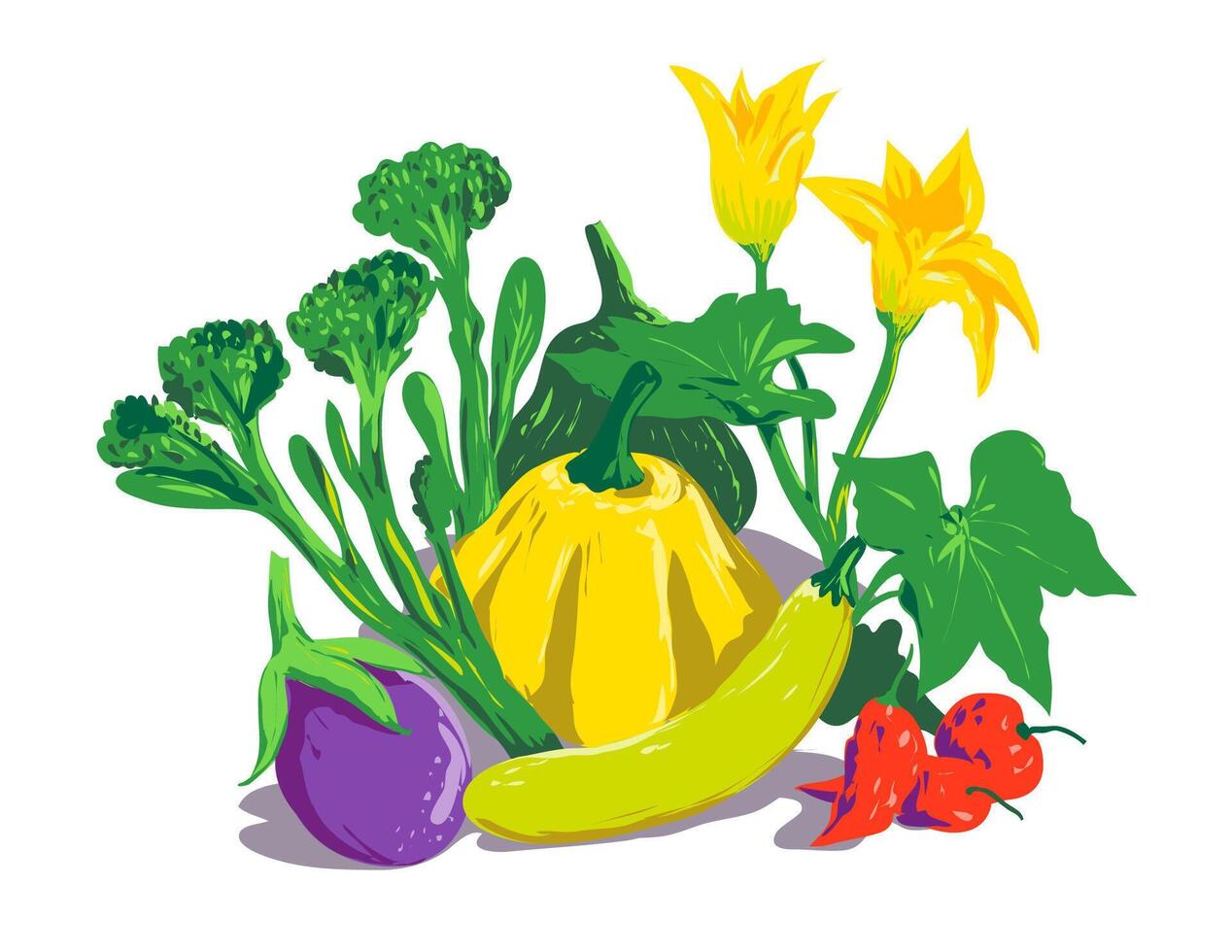 Vegetable Harvest of Summer Squash Broccolini Eggplant Pepper WPA Poster Art vector