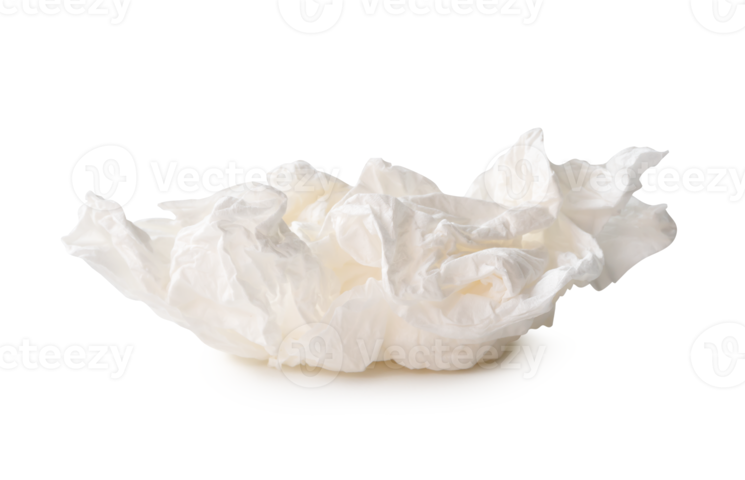 Front view of screwed or crumpled tissue paper ball after use in toilet or restroom isolated with clipping path and shadow in file format png