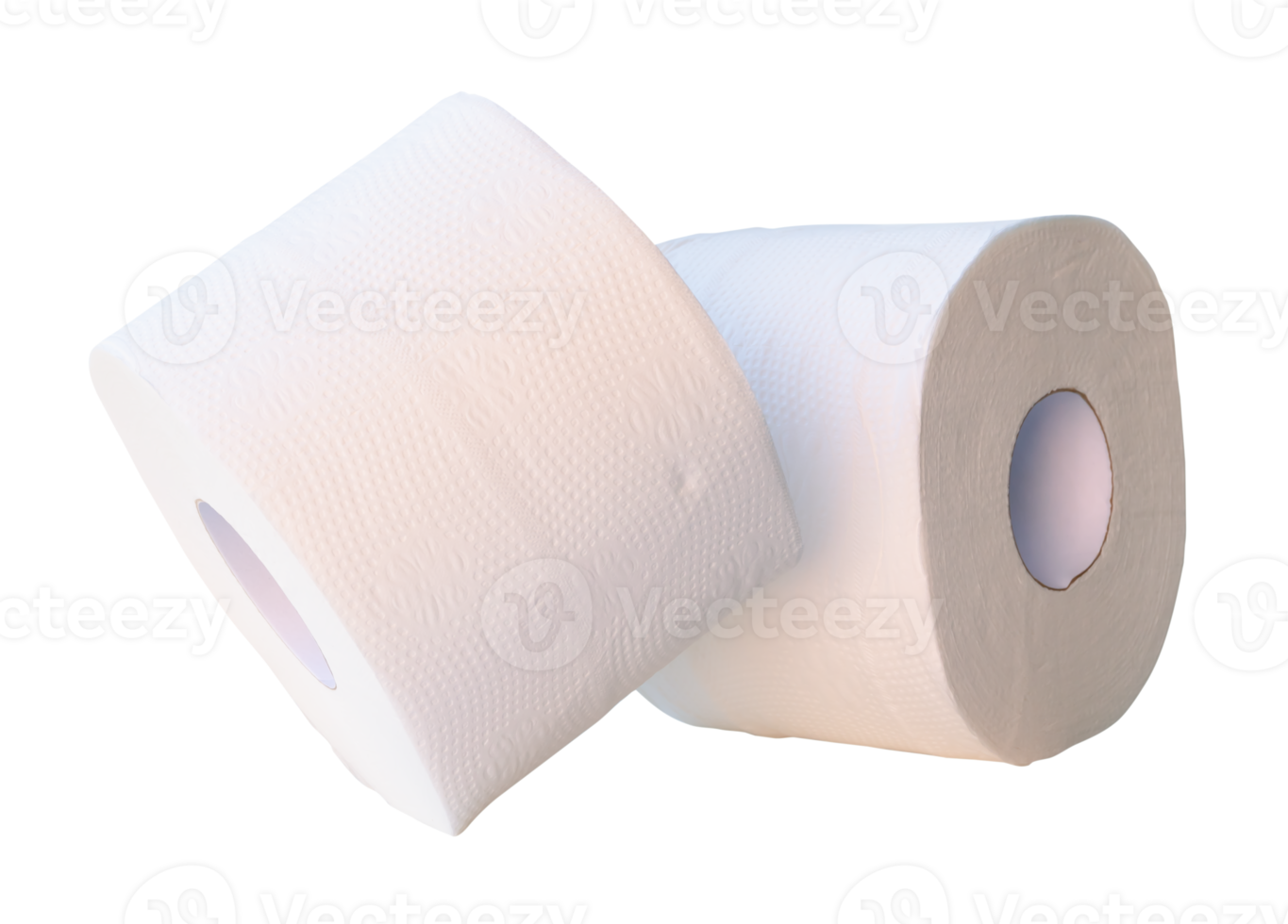 Side view of two tissue paper rolls or toilet paper in stack isolated with clipping path in file format png