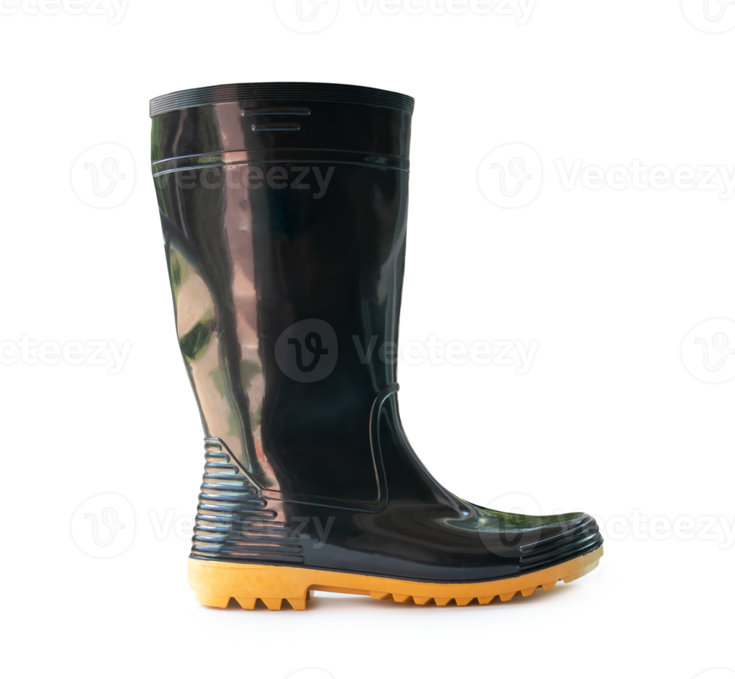 Side view of one side of black gumboot or black boot for working in garden isolated with clipping path and shadow in file format png
