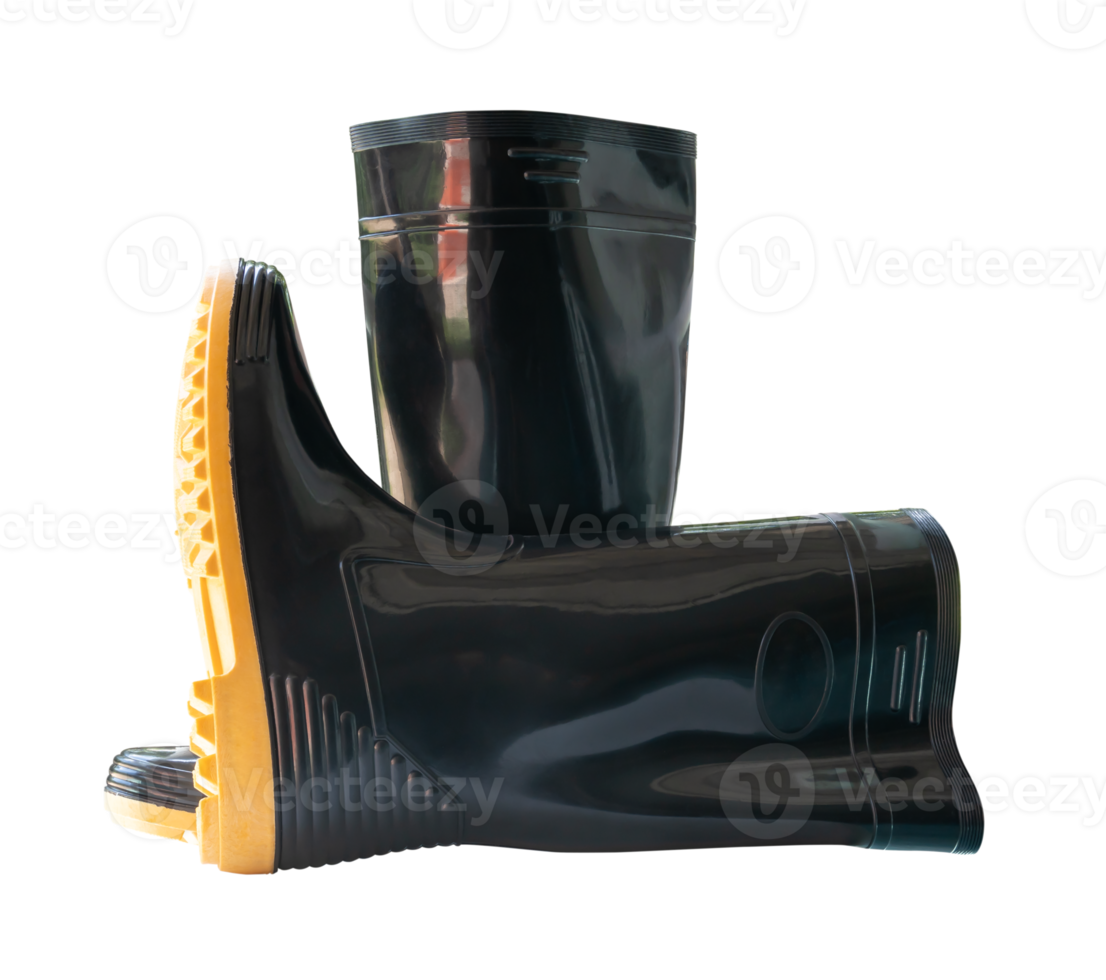 Side view of black gumboots or black rubber boots for working in garden isolated with clipping path in file format png