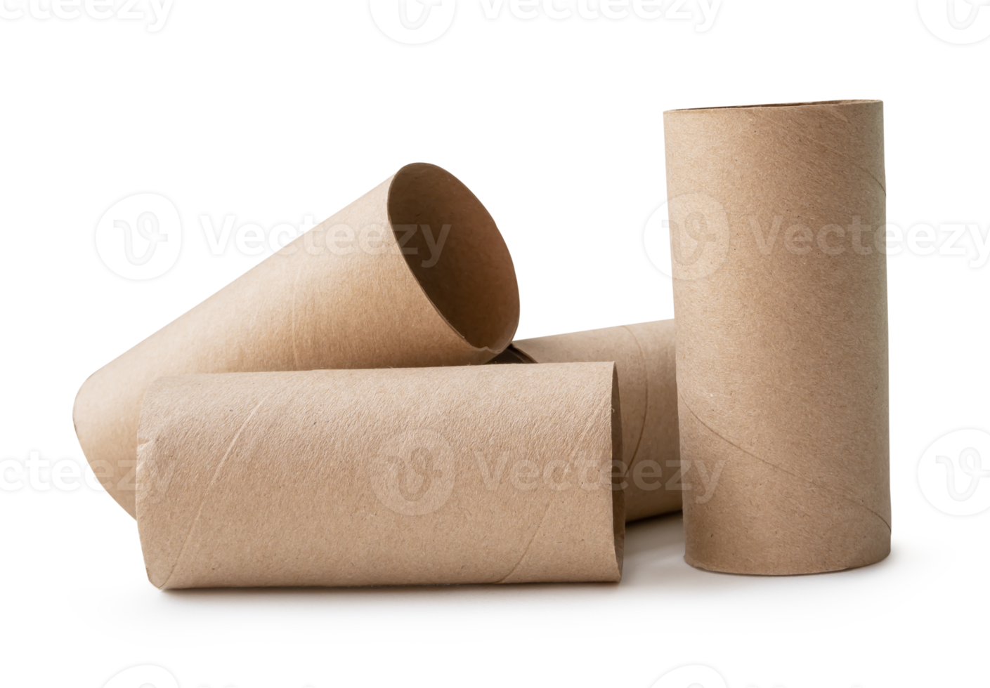 Side view of brown tissue paper cores in stack isolated with clipping path and shadow in file format png