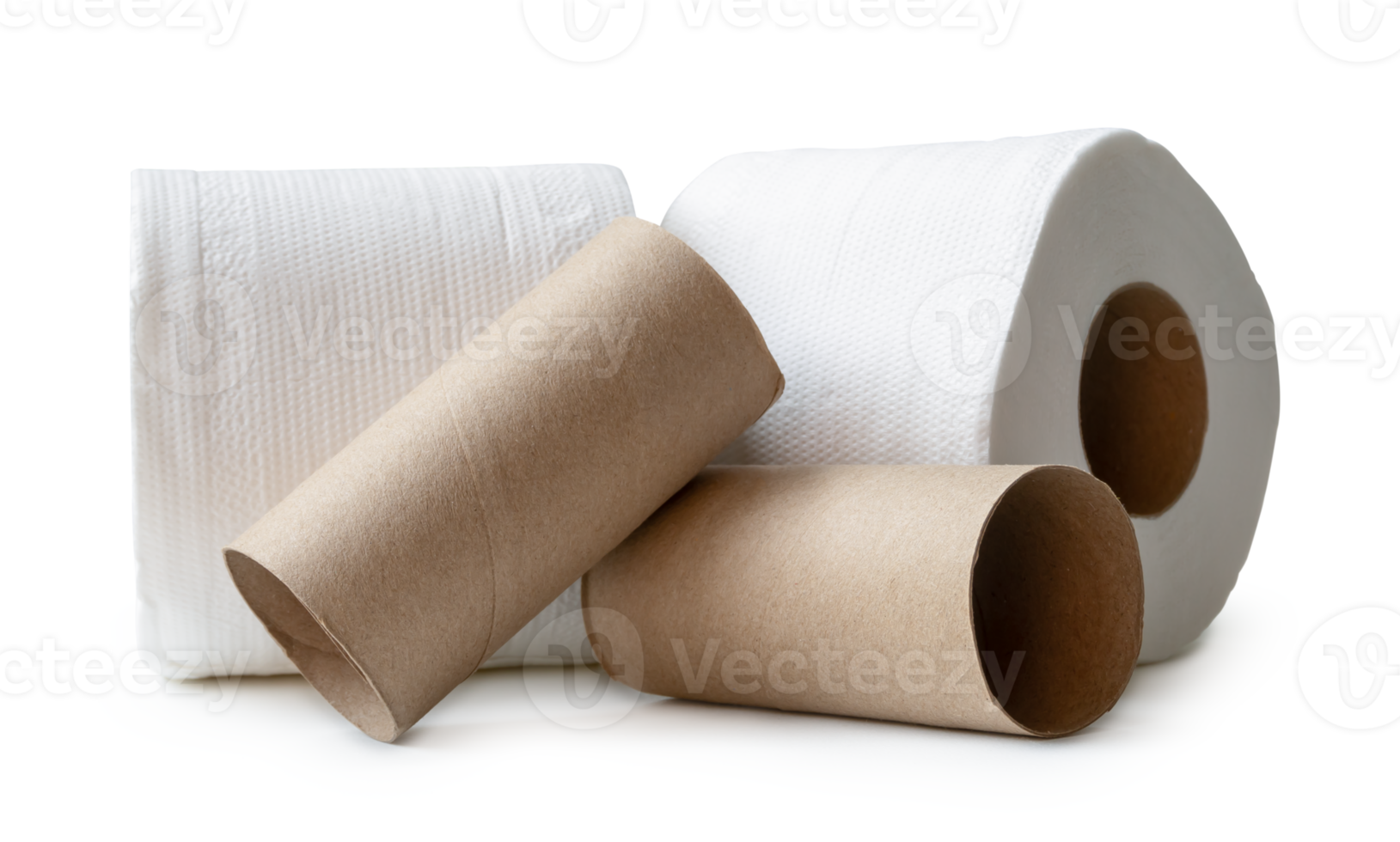 Two rolls of white tissue paper or napkin prepared for use in toilet or restroom with cores in stack isolated with clipping path and shadow in file format png