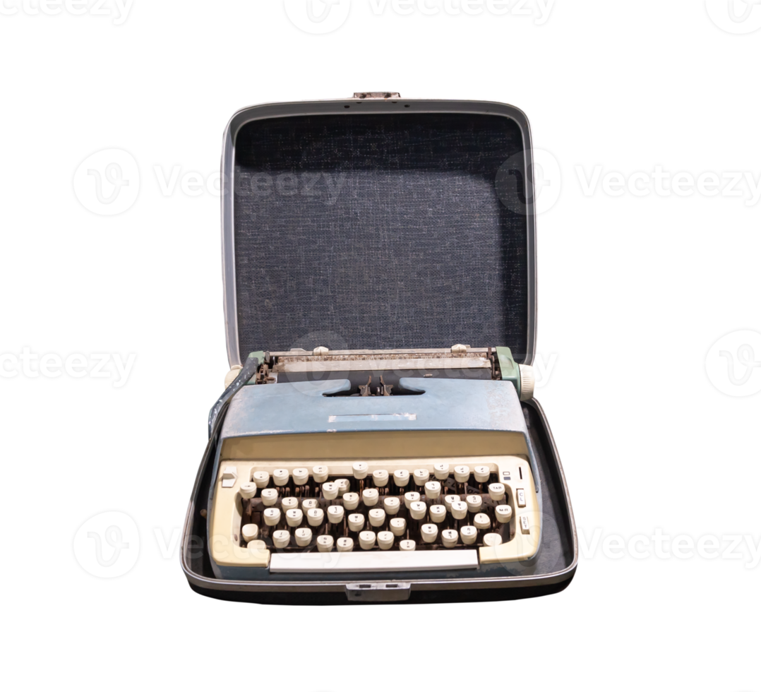 Front view of ancient or old typewriter isolated with clipping path in file format png