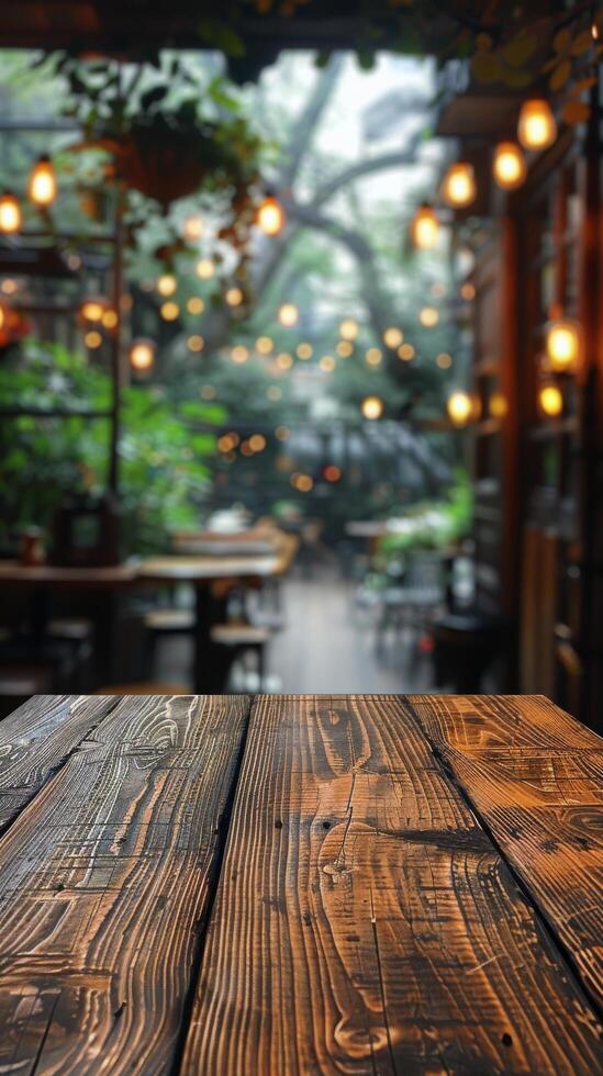 Wooden Table With Potted Plants in Restaurant photo