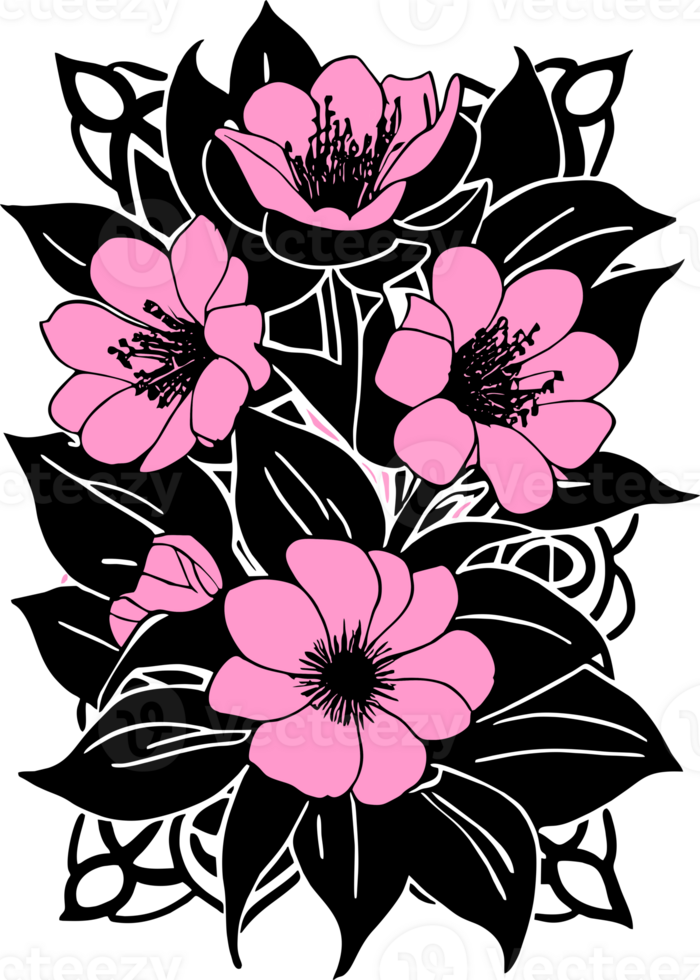 graphic drawing of a bouquet of pink flowers with black leaves without background, isolated element png