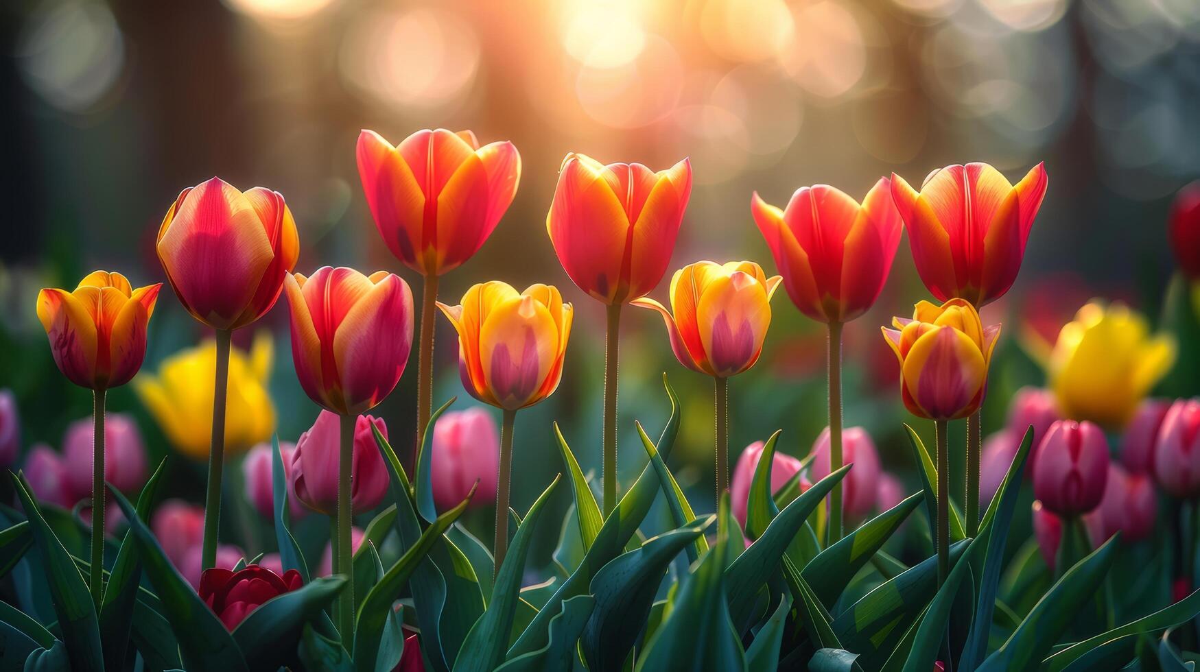 Field of Red and Yellow Tulips With Sun Background photo