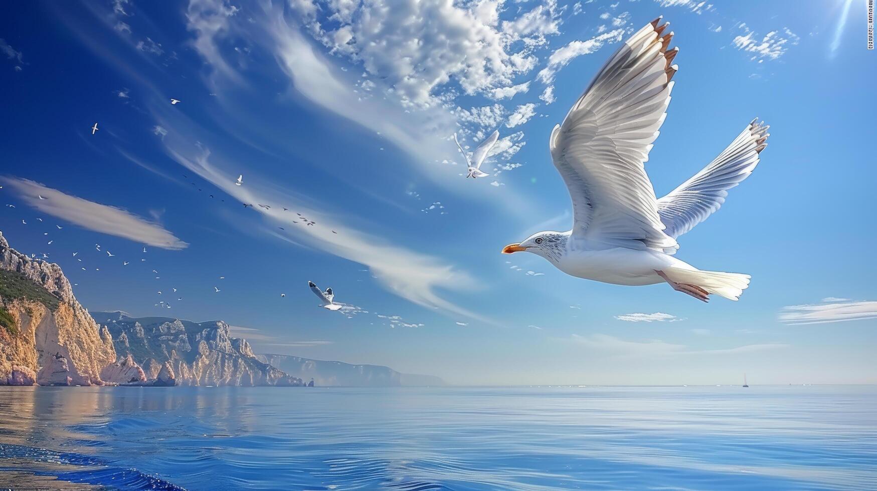 White Bird Flying in Gray Sky photo
