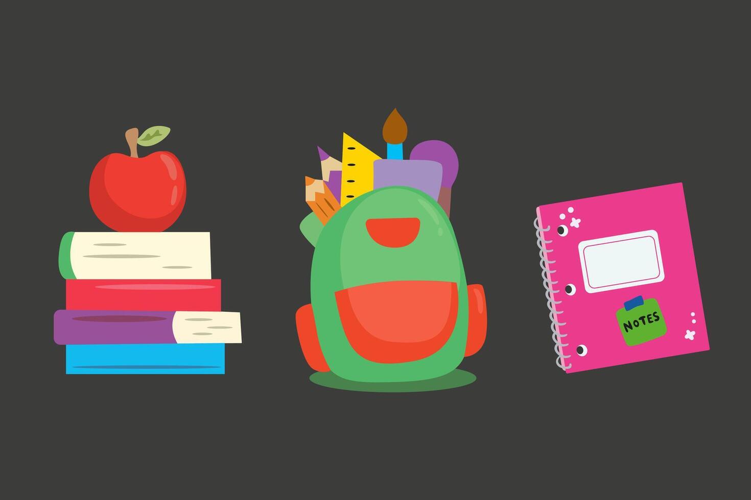 Set of school supplies books and apple, a backpack with various stationery and copybook vector
