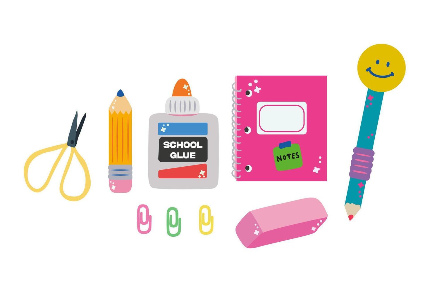 Back to school, education, study concept. Set of school supplies. Children's cute stationery subjects. All subjects for study. Flat illustration vector