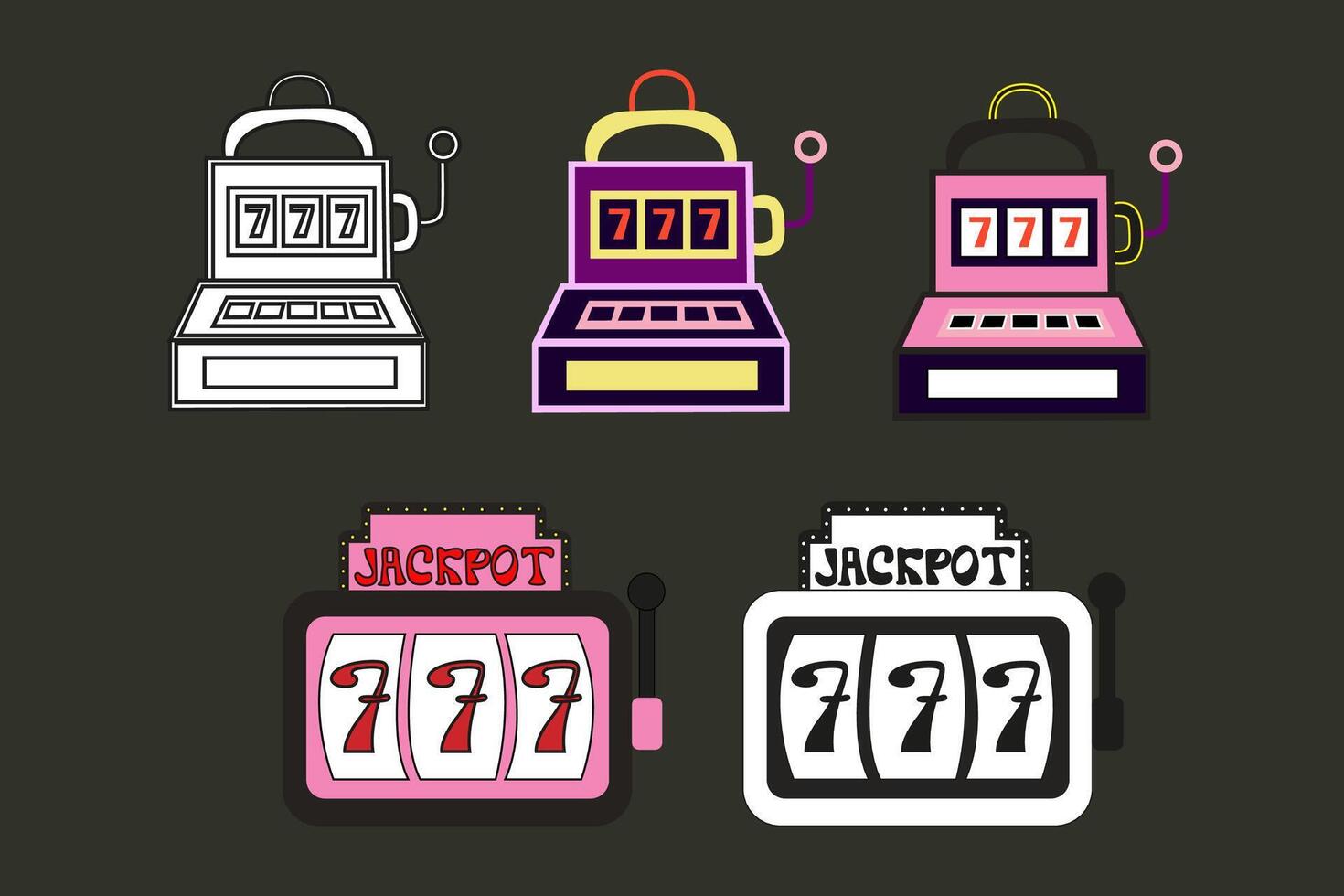 Gambling and entertainment in casino establishments. set of games for winning money. Casino slot machine with jackpot and seven number, playing cards, lucky horseshoe and dice vector