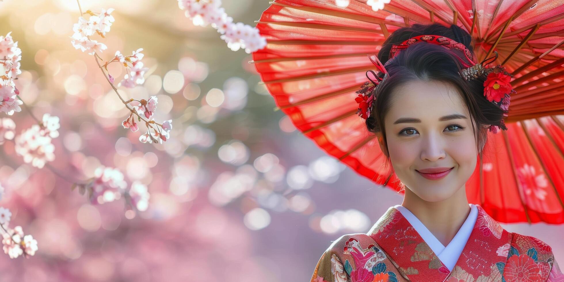 Woman in Kimono Holding Red Umbrella photo