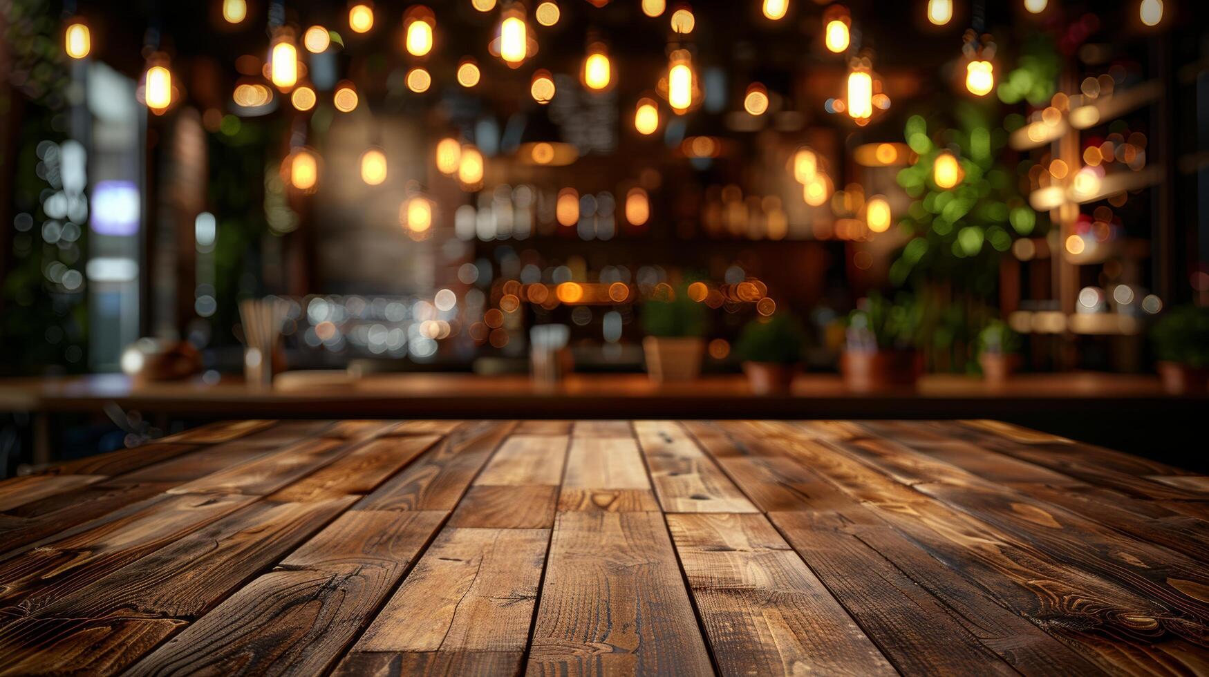 Wooden Table With Potted Plants and Lights photo