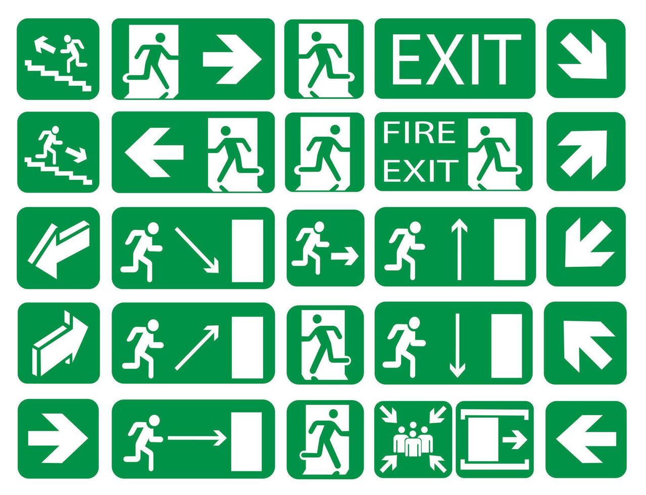 Set of emergency exit and fire exit signs, assembly point in case of fire, emergency exit direction. vector
