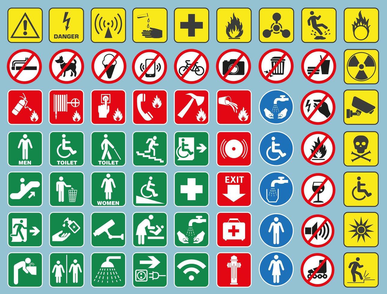 A set of essential signs that are used in public places. Bright colored marks. vector